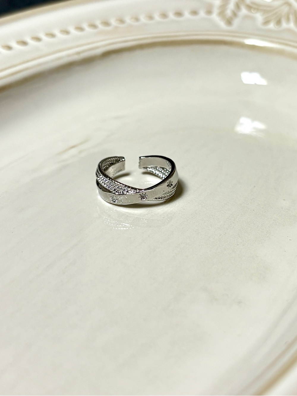 Silver Open Crossover Ring with Crystal Accents